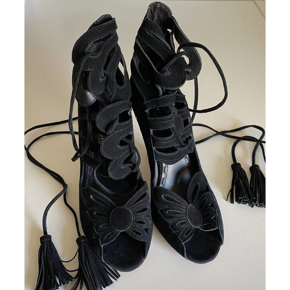 Alice + Olivia Natalie Suede Black Ankle High Laced Up Tassel Sandal Boo… View 4